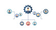 © KAWSAR HAMID PALASH - Colorful infographic illustrating teamwork A complex organizational structure illustrating a central leader connected to various teams and individuals through a network of gears and reporting lines.