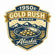 © 4CreativeWorld - Classic 1950s Gold Rush Alaska badge logo with shining pan and mountain range, symbolizing history, adventure, ambition, and the enduring heritage of northern exploration
