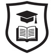 © Video - Minimalist academic crest icon featuring a graduation cap and open book inside a shield, representing educational excellence and institutional learning, clean black and white vector style.