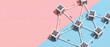 © tonstock - Abstract blockchain network concept with connected cubes on pink and blue background with copy space.