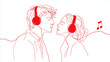 © Yaroslav Stepannikov - Continuous line illustration of two people sharing headphones, red music note accent