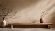 © Scott - rustic wooden bench and clay vase with branch near beige grunge stucco wall with copy space japandi wabi sabi home interior design of modern living room