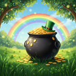 © Jim - traditional st patrick day cauldron full of golden coins, rainbow behind, green beer, leprechaun hat , blurred confetti flying around, isolated on a green background. St. Patrick's Day / Irish Celebra