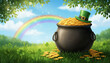 © Jim - traditional st patrick day cauldron full of golden coins, rainbow behind, green beer, leprechaun hat , blurred confetti flying around, isolated on a green background. St. Patrick's Day / Irish Celebra