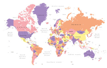  world map. Colourful Illustration showing country names, State names (USA & Australia), capital cities, major lakes and oceans. Print at no less than 36
