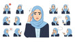 © Elma - Set of character illustrations of a professional woman in a blue hijab expressing various emotions and using common hand gestures.