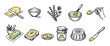 © Liliia - Hand drawn butter and herbs illustration set in a vintage sketch style showing various cooking ingredients and utensils like salt, bread, and a whisk isolated on a white background