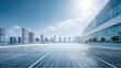 © P.G - Expansive Urban Skyline with Solar Panels Reflecting Sunlight Beneath a Clear Blue Sky, Illustrating Sustainable Energy Solutions in Modern Architecture