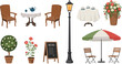 © Gaja - European street cafe flat vector set, bistro furniture lamp umbrella table chairs illustration collection