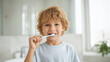 © Анна Ясониди - Young boy brushing teeth in bright bathroom with smile