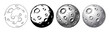 © David - Four distinct artistic black and white moon illustrations feature diverse graphic techniques: line art, silhouette, engraving, and stippling, each depicting the celestial body's cratered surface