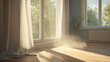 © Svetlana - Bright indoor scene with sunlight filtering through curtains, highlighting dust particles, ideal for concepts of home comfort, cleanliness, and allergy awareness.