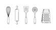 © Emongrapic - Black and white kitchen utensils set whisk rolling pin spatula slotted spoon grater cooking tools collection