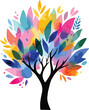 © Ariful - Vibrant watercolor tree illustration with a black trunk and multi colored leaves for creative environmental branding artistic nature education and joyful spring landscape design