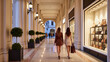 © pecherskiydotkz - Two women with long brown hair walk down a stylish shopping alley, carrying bags past illuminated shop windows and elegant facades in a warm, inviting atmosphere.