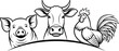 © MDMizanur - Farm animals illustration featuring a smiling pig cow and rooster heads set above a curved border line perfect for organic meat butcher shop agriculture and livestock branding.