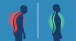 © BornThisWay - Ergonomic posture comparison vector illustration showing slouched red spine versus straight green spine.