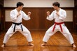© Nicole - Two men performing karate fighting stance in dojo