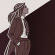 © Natallia - Person with long hair wearing a suit standing confidently against a backdrop, Gender diversity concept