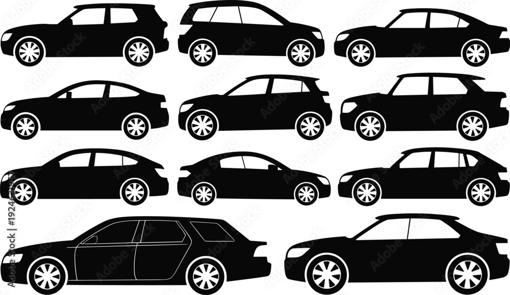 Collection of car silhouettes, various vehicle types including sedan ...