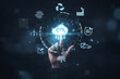 © NongEngEng - AI generated hand touching CO2 cloud on digital interface with renewable energy recycling and net zero icons representing carbon management and sustainable innovation