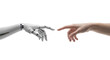 © PrimeVisuals - A robotic hand and a human hand reaching out to touch each other isolated on transparent background
