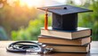 © amum - Medical Education - Graduation Cap, Books, and Stethoscope Representing Healthcare Studies.
