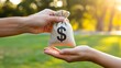 © sunny - Hand giving money bag with dollar symbol representing financial support and savings
