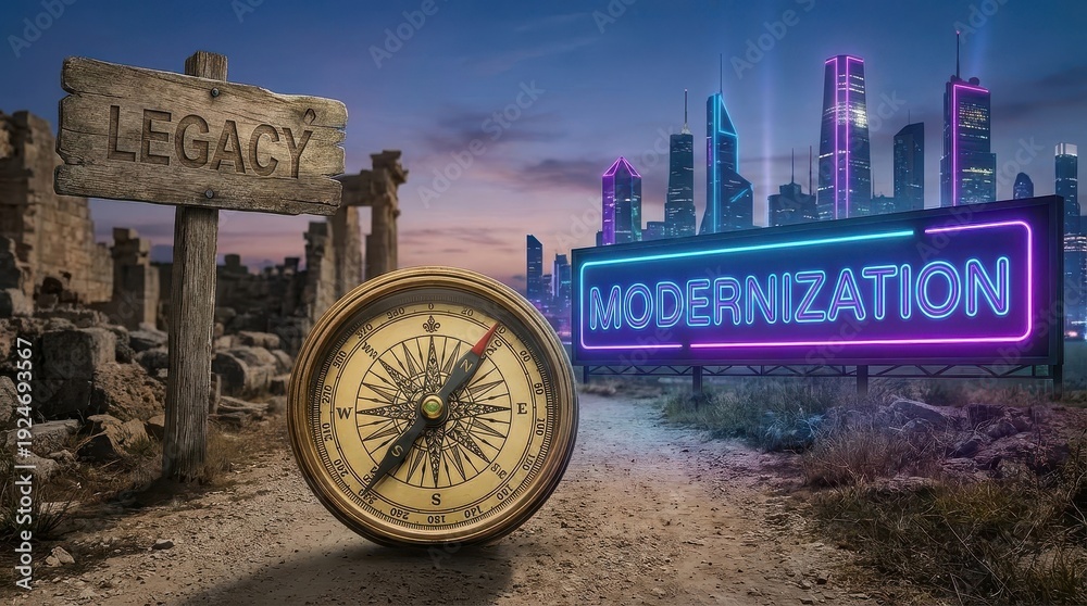 IT Modernization Plan concept. Old ruins with a compass pointing from ...