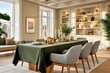 © Fat Bee - Elegant dining room setting with long green velvet tablecloth, candles, and modern grey chairs