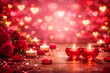 © Moddy - Romantic scene of candles and hearts, perfect for Valentine's Day. Featuring a table set with lit candles, roses and heart shaped decorations and lights.