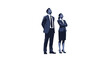 © Budi Studio - A man and a woman in business attire stand side-by-side, looking upwards with their heads tilted back.