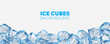 © Vector Tradition - Crystal ice block cubes frame background. Vector realistic transparent blue frozen water cubes frame border line. 3d frosty ice blocks pile background with clear icy texture and glossy facets