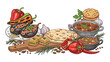 © Chayon - A still life composition of traditional Turkish and Middle Eastern food, featuring stuffed eggplant, hearty stews, flatbread, and baklava.