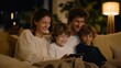 © forenna - Dynamic living room filled with creative energy as a friendly ai assistant engages a young family while they enjoy their leisure time, surrounded by futuristic gadgets. Warm lighting, vibrant