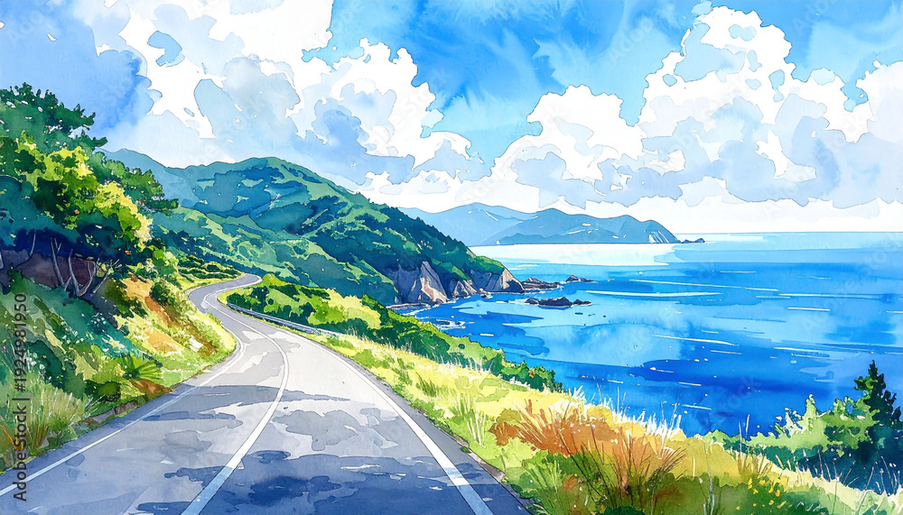 海沿いの坂道と青い海の風景 水彩画風イラスト の Stock イラスト
