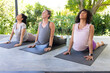 © Wavebreak Media - Diverse women practicing prenatal yoga in athletic wear on covered porch, pressing hands into mats