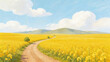 © 沈军 贡 - Scenic rural landscape with a winding dirt road through vibrant yellow canola fields, under a bright blue sky with fluffy clouds and distant mountains.