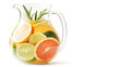 © Hryhor Denys - Brightly lit clear glass pitcher filled with invigorating homemade fruit infused water featuring colorful orange, grapefruit, and lime slices alongside fresh aromatic rosemary