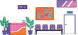 © Hossain - Modern vector illustration of a professional office reception area with waiting chairs potted plants digital clock and exit door,