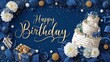 © Sakinatus - Elegant birthday celebration with cake and festive decorations on a dark blue background