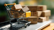 © sajawal - Online shopping cart filled with packages on a laptop keyboard, capturing the modern e-commerce experience from a close-up viewpoint.