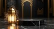 © Rayhan - Intricate golden Islamic lantern emits wisps of smoke next to a luxurious black marble pedestal, ideal for festive celebrations and Ramadan decor.