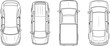 © Rajbala - Top view set of car outlines including sedan, hatchback, pickup truck, and suv for architectural site planning, cad drawing flat vector illustration