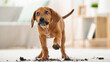 © olgakris - Adorable puppy with guilty expression after making mess on floor at home capturing playful behavior pet training challenges indoor accident learning process and responsible dog ownership