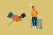 © deagreez - Art 3d sketch photo collage of young guy girl hand hold microphone interview speaker podcast occasion singer karaoke party