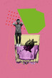 © deagreez - Surreal poster collage of person stand shock glass alco beverage with turtle on pink background