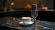 © Olena Liulko - A professional silver condenser microphone stands beside a cup of latte art on a dark marble countertop, creating a moody, sophisticated atmosphere for podcasting or radio broadcasting