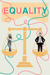 © deagreez - Vertical sketch 3d collage poster of two happy girl guy stand scales comparison gender rights international woman day equality