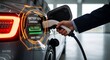© Kudrat - Electric Car Charging Port with Futuristic HUD Display Showing Battery Status, Person Plugging In Charger